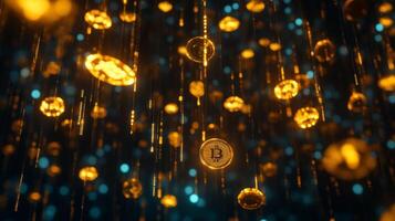 A striking visual scene showcases digital gold coins cascading beautifully through a vibrant binary code backdrop, symbolizing the rapidly evolving landscape of cryptocurrency and the digital economy photo