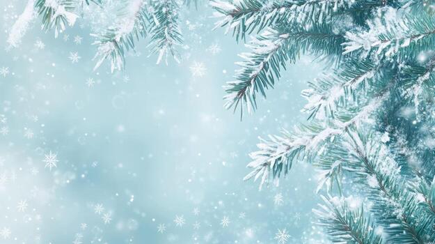 In this serene winter scene, a soft blue background features gentle snowflakes and frosted branches, creating an ideal backdrop for holiday designs that evoke warmth and joy in the chilly season photo