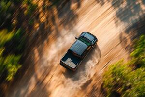 A sleek black pickup truck drives along a winding dirt road in a lush green forest, creating clouds of dust that enhance the serene scenery, inviting adventure and exploration in nature photo