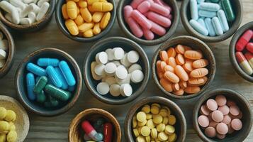 An eyecatching and vibrant assortment of various colored pills and nutritional supplements in wooden bowls photo