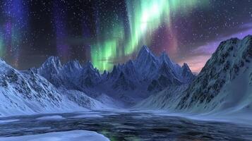 Imagine a stunning view of the northern lights dancing over snowy mountains, with a tranquil water body reflecting the breathtaking spectacle of the night sky and the enchanting colors of the aurora photo