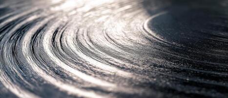 Closeup of a polished metallic surface showcasing a smooth, reflective texture with intricate patterns and highlights photo
