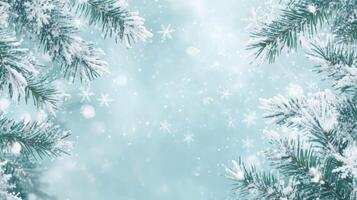 This winter landscape features drifting snowflakes and frosty pine branches, creating an enchanting atmosphere perfect for joyful holiday celebrations with family and friends in warmth and laughter photo