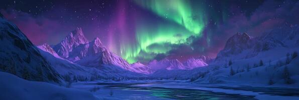 The aurora borealis lights up the night sky with vibrant colors, reflecting on the tranquil snowy waters below, creating a breathtaking panorama that captivates all who witness this natural wonder photo