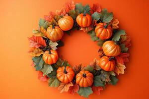 This vibrant autumn wreath, crafted with pumpkins and colorful leaves, is perfect for Halloween and Thanksgiving, bringing warmth and joy to your home during seasonal celebrations photo
