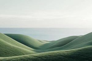 A serene and breathtaking panorama that beautifully showcases lush green hills seamlessly merging with a calm ocean, perfectly capturing the true essence of natures tranquility, serenity, and beauty photo
