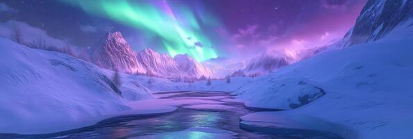 Experience the mesmerizing aurora borealis dancing over a quiet snowy landscape at night, reflecting on calm waters beneath a starlit skyan enchanting sight in the great outdoors photo