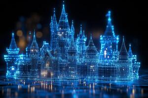 A breathtaking holographic castle boasts intricate designs and shimmering textures. Set against a dark backdrop, it enhances its allure, captivating all who gaze upon it, leaving them spellbound photo