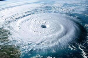A breathtaking aerial view captures the swirling eye of a hurricane as it looms dangerously over the oceans surface photo