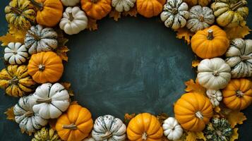 A stunning and visually appealing arrangement that includes an assortment of pumpkins and vibrant leaves, making it truly perfect for various fall celebrations like Halloween or Thanksgiving decor photo