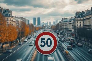 To reduce traffic congestion and improve road safety, the Paris Beltway has set a new speed limit of 50 kmh as part of legislation to decrease car use and promote alternative transport photo