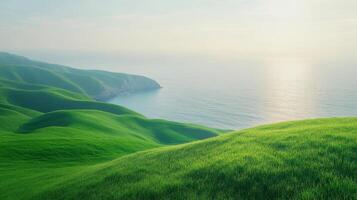 A serene view of vibrant green hills meeting a calm ocean under warm sunlight embodies tranquility and natural beauty, making it ideal for relaxation and deep contemplation that rejuvenates the mind photo