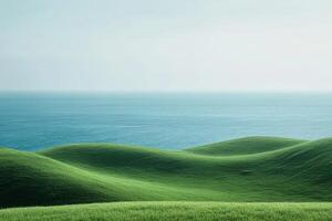 Imagine serene rolling green hills meeting a calm ocean, all bathed in warm sunlight. Its an ideal setting for nature lovers seeking peaceful retreats in environments filled with harmony photo