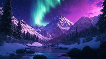 A stunning winter night scene showcases mesmerizing northern lights illuminating a starry sky above majestic, snowcapped mountains and a tranquil river flowing gently through the landscape photo