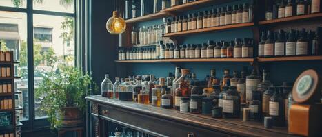 A warm and cozy apothecary scene showcasing an enchanting array of vintage bottles, rich plants, and herbs photo