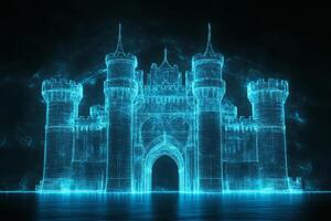 Behold a stunning holographic design of a bluelit castle on a black backdrop, showcasing intricate architecture that enhances its mystical allure and charms viewers into its enchanting world photo