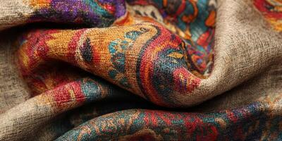 A stunning closeup view of a rich fabric that brilliantly showcases intricate patterns and vibrant colors throughout photo
