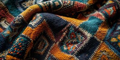 This vibrant and intricate geometric pattern on textile is perfect for various textiles and decor purposes photo