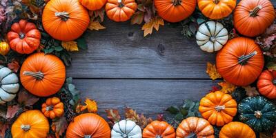 This beautifully vibrant autumn wreath is adorned with charming pumpkins and an array of colorful foliage, making it the perfect decoration for Halloween, Thanksgiving, and various fall celebrations photo