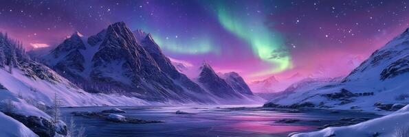 A mesmerizing aurora borealis illuminates a tranquil night sky above snowcapped mountains and calm waters, all framed by a starry canopy that captivates and brings serenity to witnesses photo