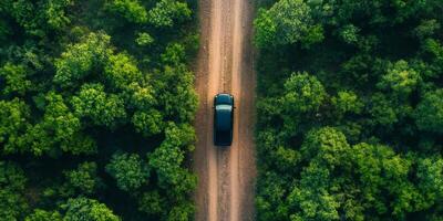 An aerial shot captures a sleek black pickup truck as it skillfully navigates a winding dirt road that snakes through a dense and vibrant forest, sending up a trail of dust behind it with each move photo