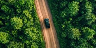 A sturdy black pickup truck makes its way along a winding dirt road that snakes through a lush, vibrant green forest, stirring up clouds of dust and debris as it travels forward through the landscape photo