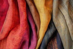 Vibrant, textured fabrics showcase rich colors and intricate patterns, ideal for diverse creative projects photo
