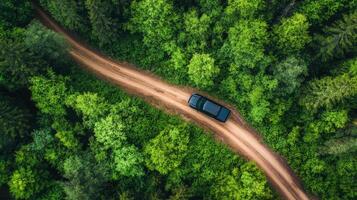 A rugged black pickup truck is steadily driving along a winding dirt road that snakes through a dense and vibrant forest, kicking up clouds of dust amidst the lush greenery surrounding it photo