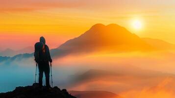 A hiker is standing on a peak, enjoying a mystical sunrise over a mistcovered mountainous landscape, feeling inspired photo