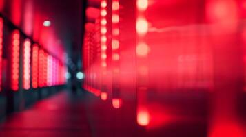 Abstract image of a futuristic corridor with red neon lights and blurred blue lights in the distance. photo