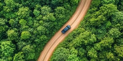 A rugged black pickup truck navigates a winding dirt road that cuts through a lush, dense forest, sending up a cloud of dust behind it as it journeys through the vibrant greenery of nature photo