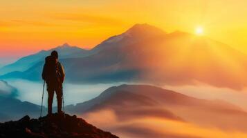 A hiker on a peak, admiring the sunrise over a serene mountain range, embracing natures beauty and tranquility photo