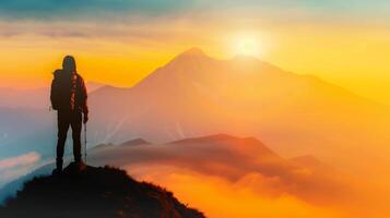 On a mountain summit, a lone hiker enjoys a mesmerizing sunrise, surrounded by misty peaks and the beauty of nature photo