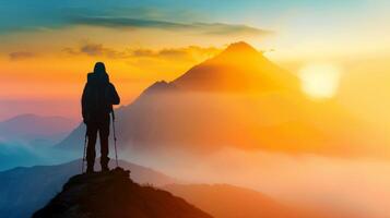 A lone hiker on a peak, admiring mountain vista at sunset, feeling achievement and freedom of exploration photo