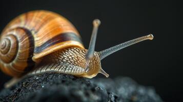 A detailed macro image captures a garden snail with its antennae and shell, set against a dark background photo