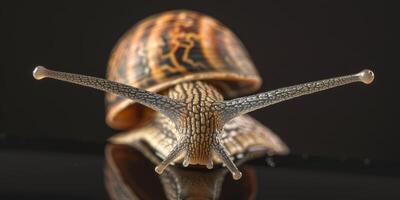 High-resolution close-up image of a snail with a detailed shell, showcased against a black backdrop. photo