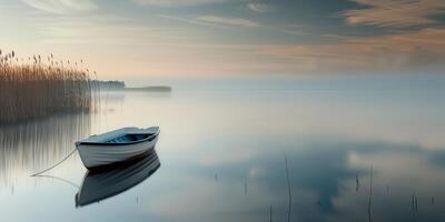 Tranquil lake at sunrise, serene setting for a boat, peaceful reflections of the sky on waters surface photo