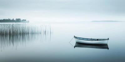 A peaceful image of a boat on a mistcovered lake, creating a serene atmosphere with beautiful reflections photo