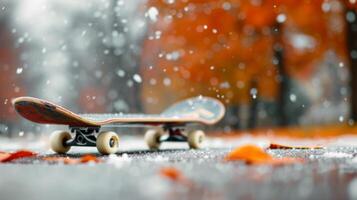 A skateboard on an asphalt covered with autumn leaves and snowflakes falling in the serene background. photo