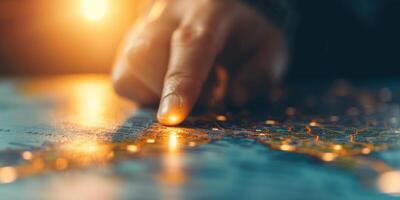 A closeup image shows a finger touching a lit world map, symbolizing exploration, travel, and navigation photo