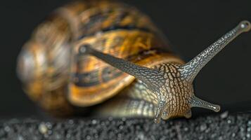 A closeup photo of a snail highlighting its intricate shell design and long tentacles in vivid detail