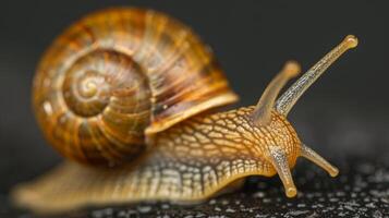 Detailed macro image of a snail with a beautifully textured shell and body, set against a dark background. photo