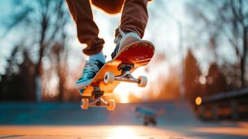 Skateboarder does a trick at skatepark under stunning sunset, displaying action and adventure in lively setting photo