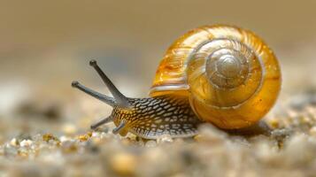 Closeup of a snail on earthy surface with vibrant colors, shiny shell, intricate details, showcasing natural beauty photo