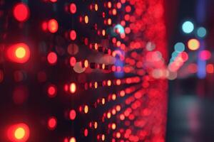 A closeup shot reveals a blurred bokeh effect using vibrant red LED lights, creating an aesthetically pleasing scene photo