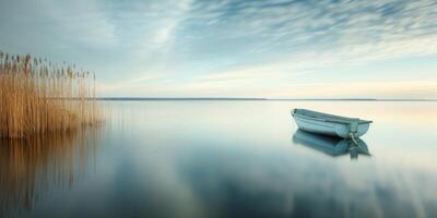 A serene image of a single rowboat on a peaceful lake surrounded by reeds and a vibrant sky during sunrise photo