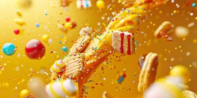 Dazzling display of colorful candies and desserts against a vibrant yellow backdrop, captured mid-air. photo