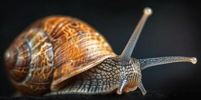 Closeup of a garden snail with intricate shell patterns and facial features, highlighting natures design photo