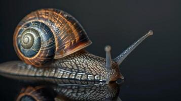 Detailed shot of a snail showcasing its vibrant shell and intricate textures against a dark background. photo