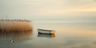 A serene and peaceful image presents a single rowboat gently floating on a tranquil lake next to reeds during sunset photo